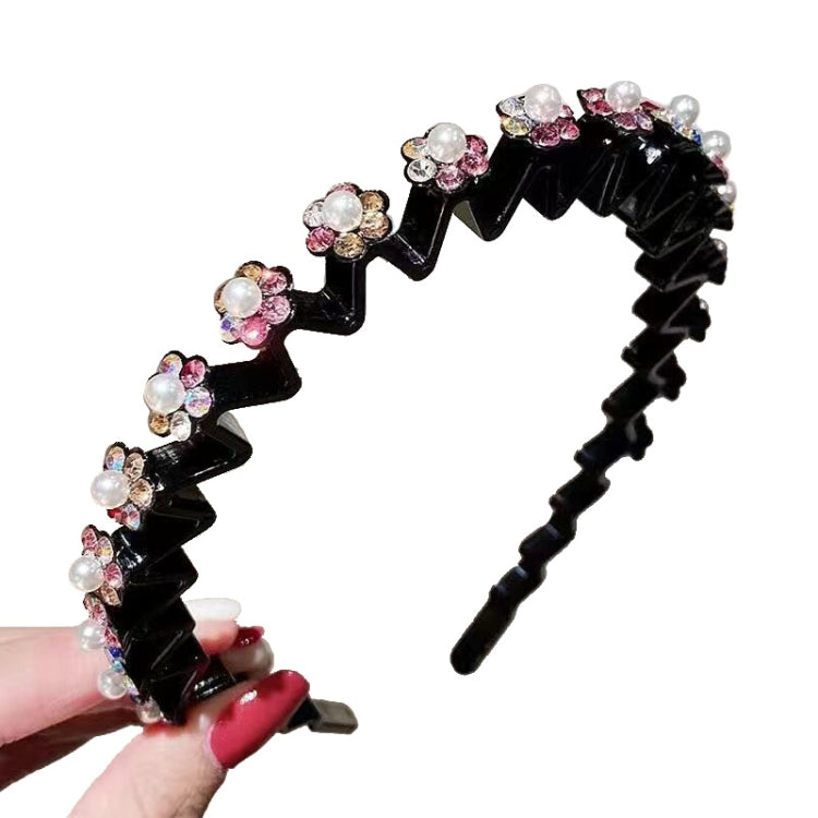 2pcs Pearl Rhinestone Wavy Headband Thin Edge Non-slip Clip Headgear