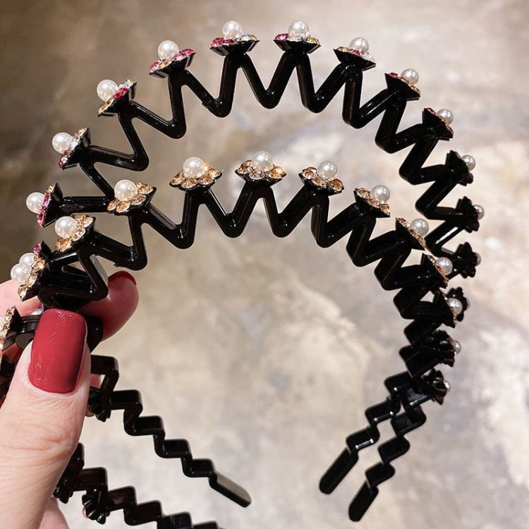 2pcs Pearl Rhinestone Wavy Headband Thin Edge Non-slip Clip Headgear