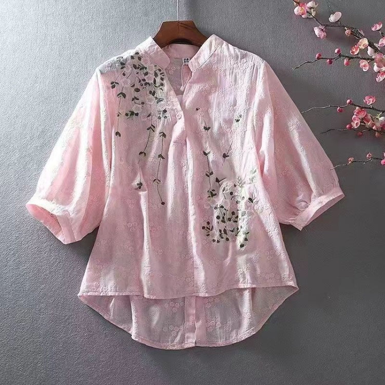 Summer Embroidered Floral Lace Cotton Shirt Short Front And Long Back V-Neck Women Top, Size: