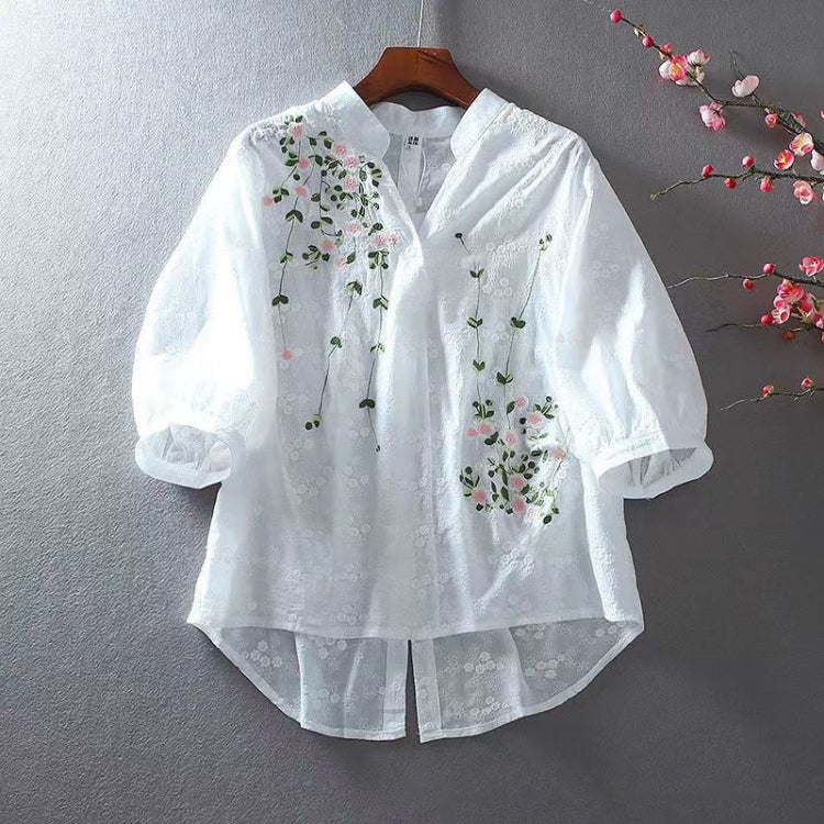 Summer Embroidered Floral Lace Cotton Shirt Short Front And Long Back V-Neck Women Top, Size: