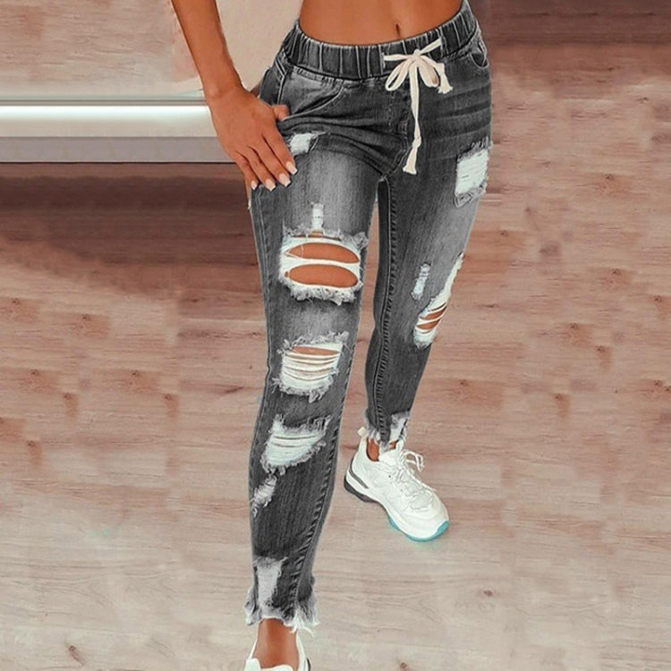 Elastic Waist Ladies Jeans High-Waisted Ripped Slim Trousers Lace-Up Trousers, Size: