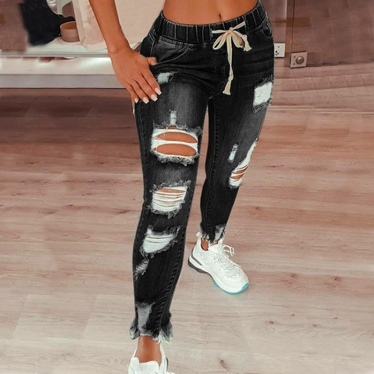 Elastic Waist Ladies Jeans High-Waisted Ripped Slim Trousers Lace-Up Trousers, Size: