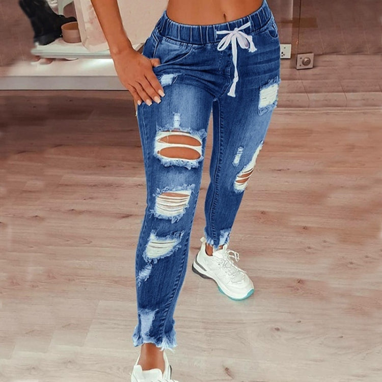 Elastic Waist Ladies Jeans High-Waisted Ripped Slim Trousers Lace-Up Trousers, Size:
