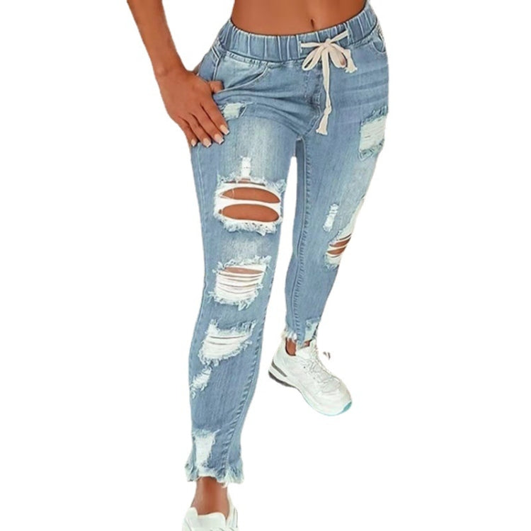 Elastic Waist Ladies Jeans High-Waisted Ripped Slim Trousers Lace-Up Trousers, Size: