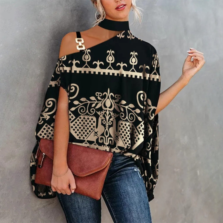 Summer Halter Hollow Batman Sleeve Stitching Printed Shirt, Size: