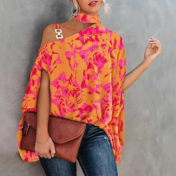 Summer Halter Hollow Batman Sleeve Stitching Printed Shirt, Size: