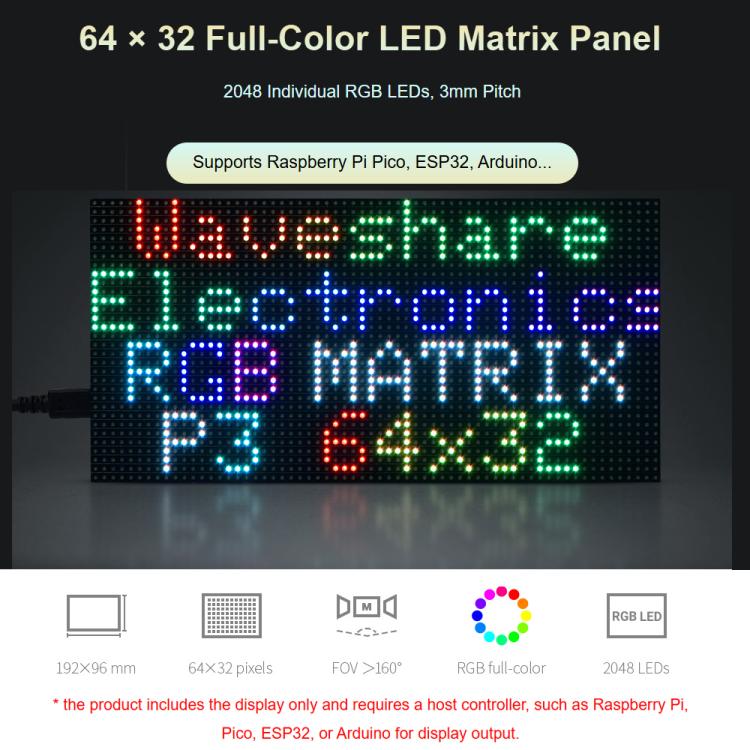 Waveshare RGB Full-color LED Matrix Panel, 3mm Pitch, 64 × 32 Pixels, Adjustable Brightness, GOB Version