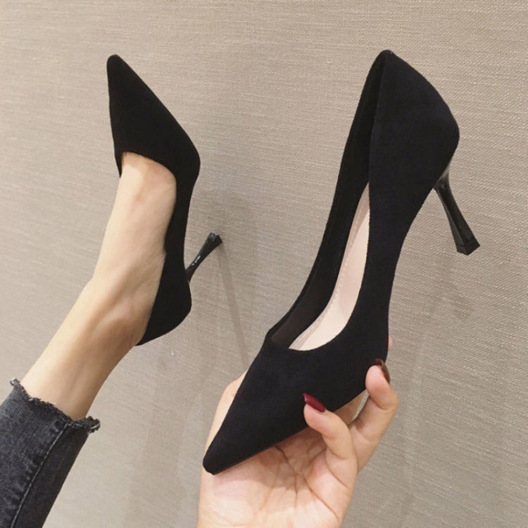Women Suede High Heels Shallow Mouth Pointed Toe Square Buckle Thin Heel Pumps, Size: