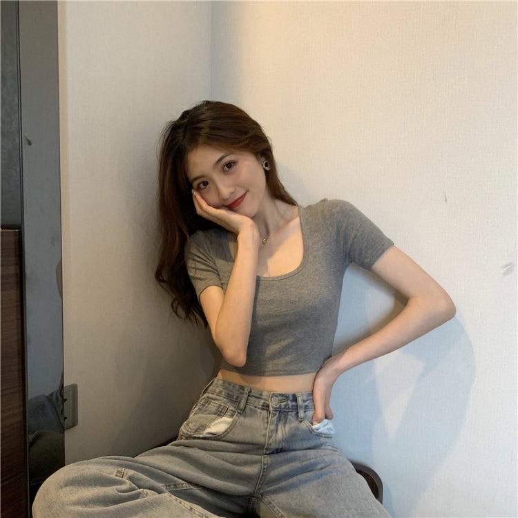 Square Neck Slim Crop Top Summer Short Sleeve Bottoming Shirt