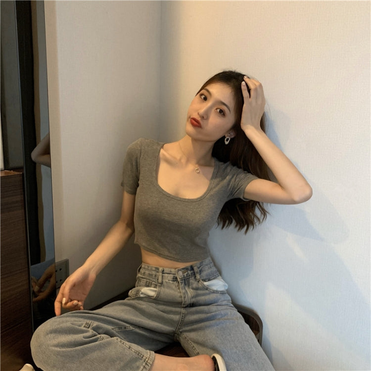 Square Neck Slim Crop Top Summer Short Sleeve Bottoming Shirt