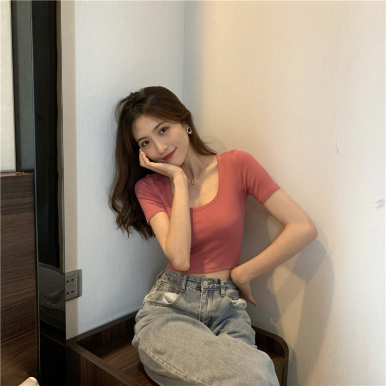 Square Neck Slim Crop Top Summer Short Sleeve Bottoming Shirt