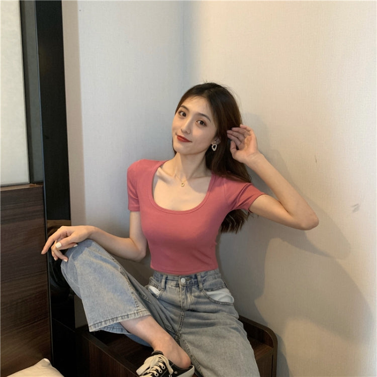 Square Neck Slim Crop Top Summer Short Sleeve Bottoming Shirt