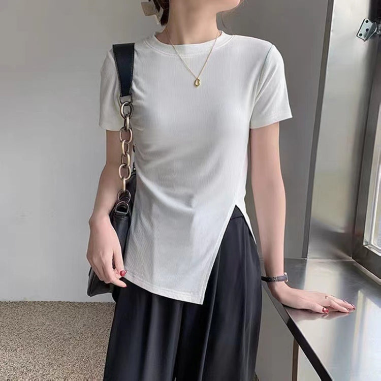 Women Summer Short-sleeved T-shirt With Hem Slit Design Round Neck Top, Size: