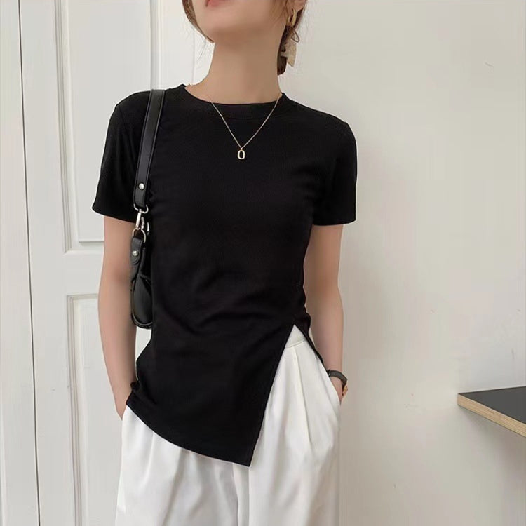 Women Summer Short-sleeved T-shirt With Hem Slit Design Round Neck Top, Size:
