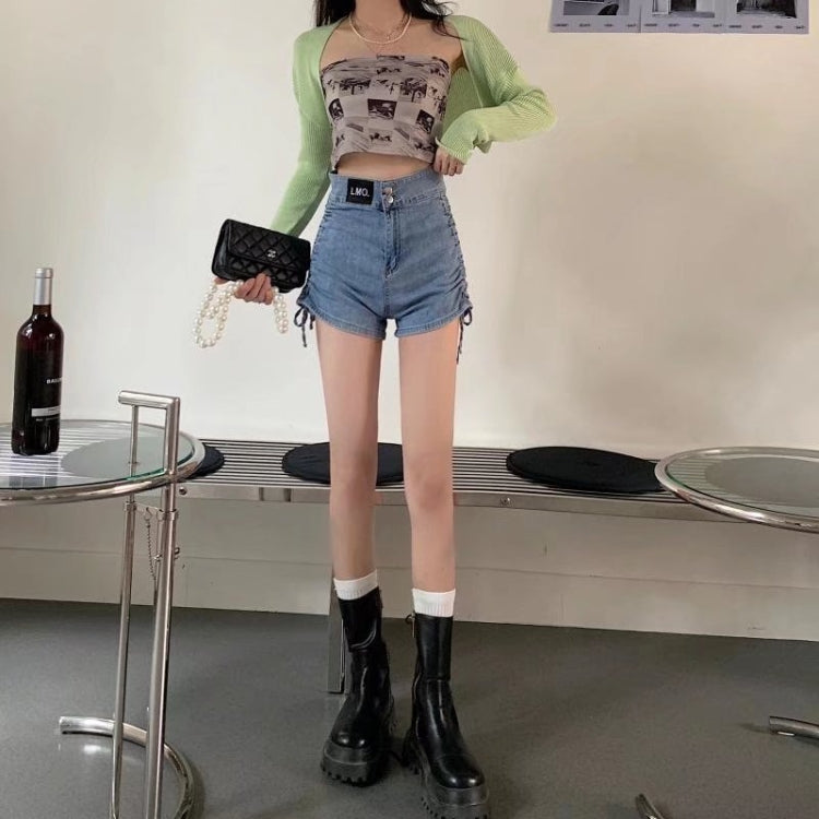 Women Summer High Waist Denim Shorts Bandage Hot Pants, Size: