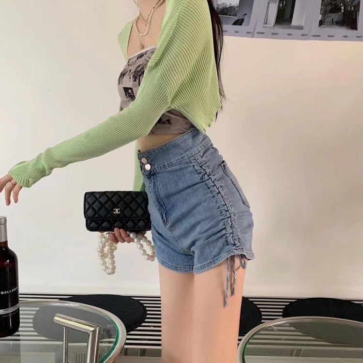 Women Summer High Waist Denim Shorts Bandage Hot Pants, Size: