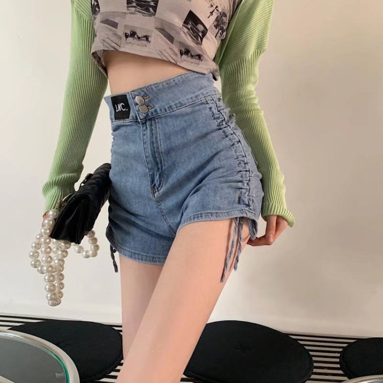 Women Summer High Waist Denim Shorts Bandage Hot Pants, Size: