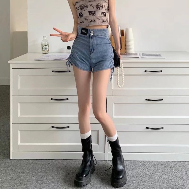 Women Summer High Waist Denim Shorts Bandage Hot Pants, Size: