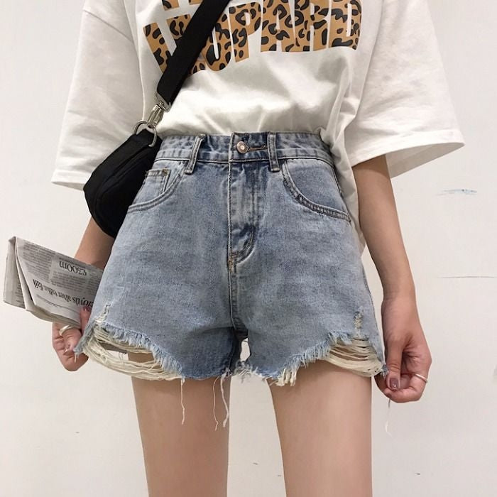 Women Summer Ripped Jeans Shorts Slimming Raw Edge Loose Straight-Leg Pants, Size:
