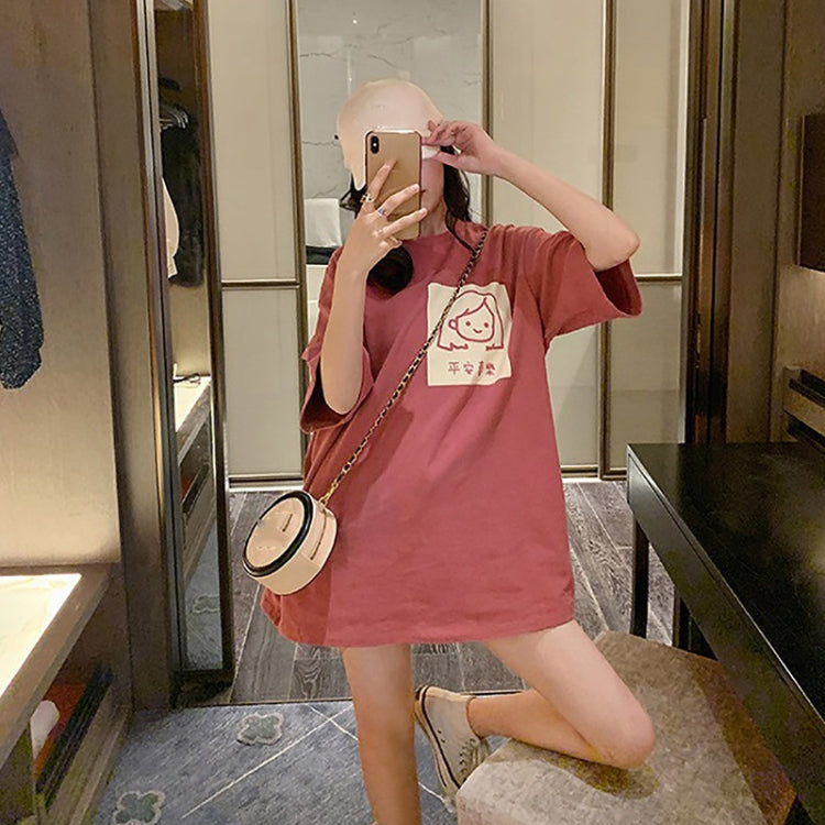 Women Short Sleeve Mid-Length Student Round Neck Loose Girl T-Shirt, Size: