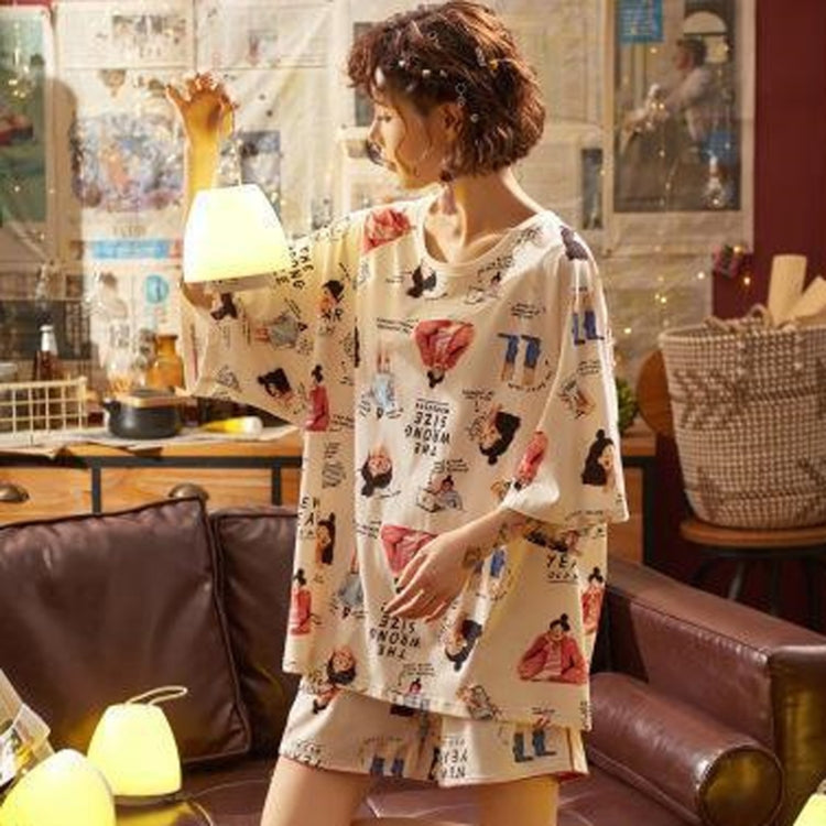 2pcs/Set Women Spring And Summer Thin Pajamas Short Sleeve Shorts Homewear, Size: