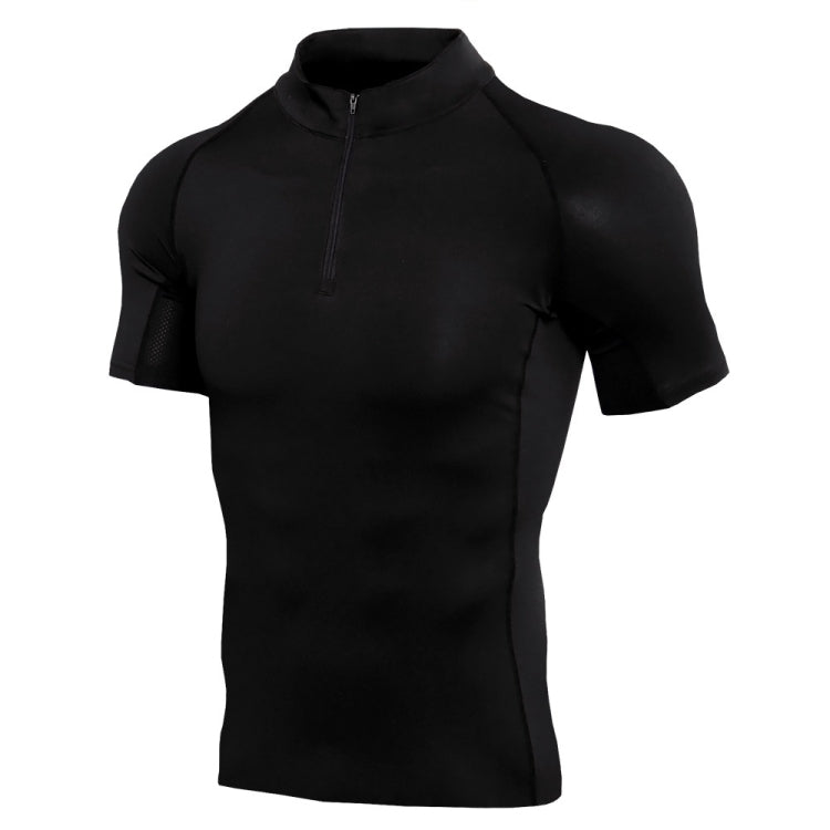 Mens Short Sleeve Quick Dry Gym Wear Fitness Clothing With Zipper Neck, Size: