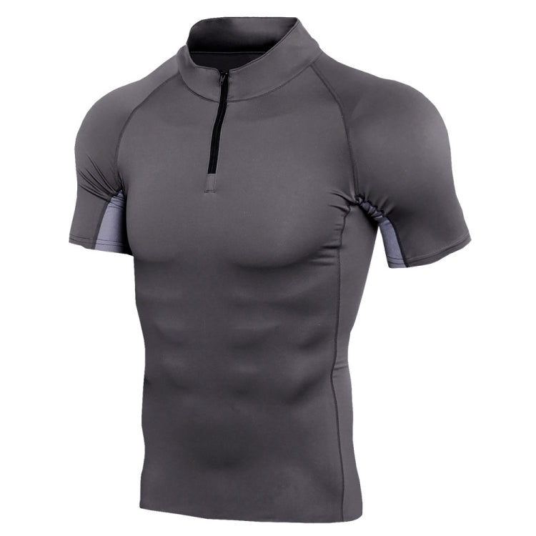 Mens Short Sleeve Quick Dry Gym Wear Fitness Clothing With Zipper Neck, Size: