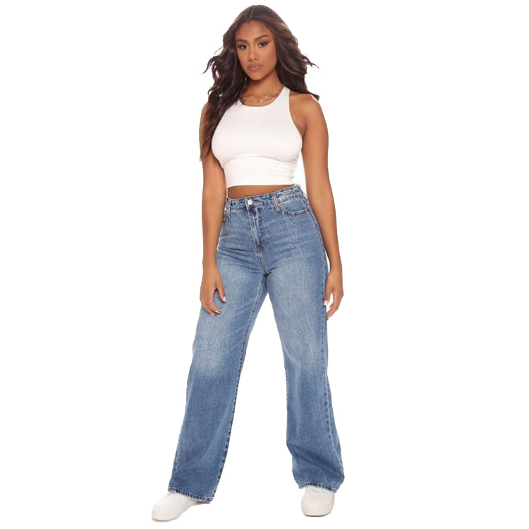 Women Loose High-waisted Wide Leg Jeans, Size: