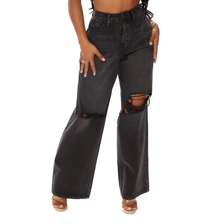 Women Loose High-waisted Wide Leg Jeans, Size:
