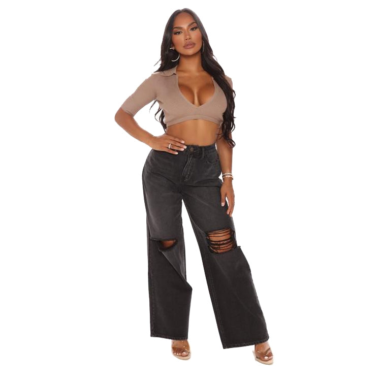 Women Loose High-waisted Wide Leg Jeans, Size: