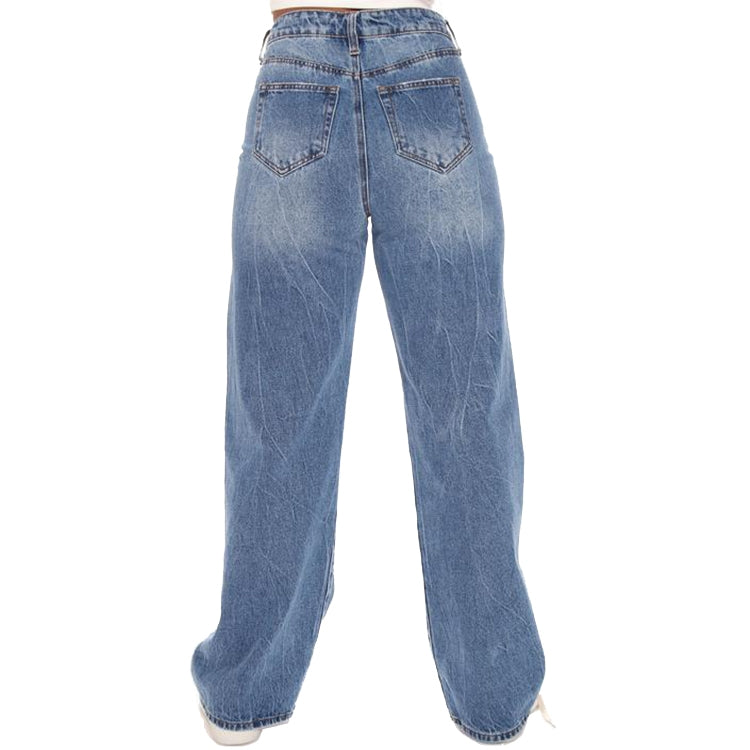 Women Loose High-waisted Wide Leg Jeans, Size: