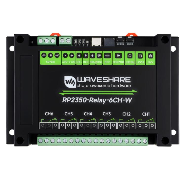 WAVESHARE RP2350 Industrial Control Board 6-Channel Relay Module, Based On RP2350 Microcontroller, Supports Wxternal Interfaces RS485 And Pico - With Wi-Fi Module