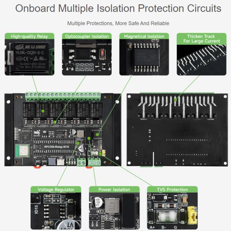 WAVESHARE RP2350 Industrial Control Board 6-Channel Relay Module, Based On RP2350 Microcontroller, Supports Wxternal Interfaces RS485 And Pico - With Wi-Fi Module