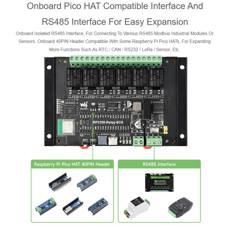 WAVESHARE RP2350 Industrial Control Board 6-Channel Relay Module, Based On RP2350 Microcontroller, Supports Wxternal Interfaces RS485 And Pico - With Wi-Fi Module