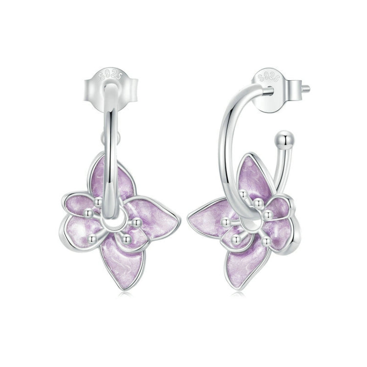 S925 Sterling Silver Platinum Plated Purple Flower Stud Earrings - BSE976