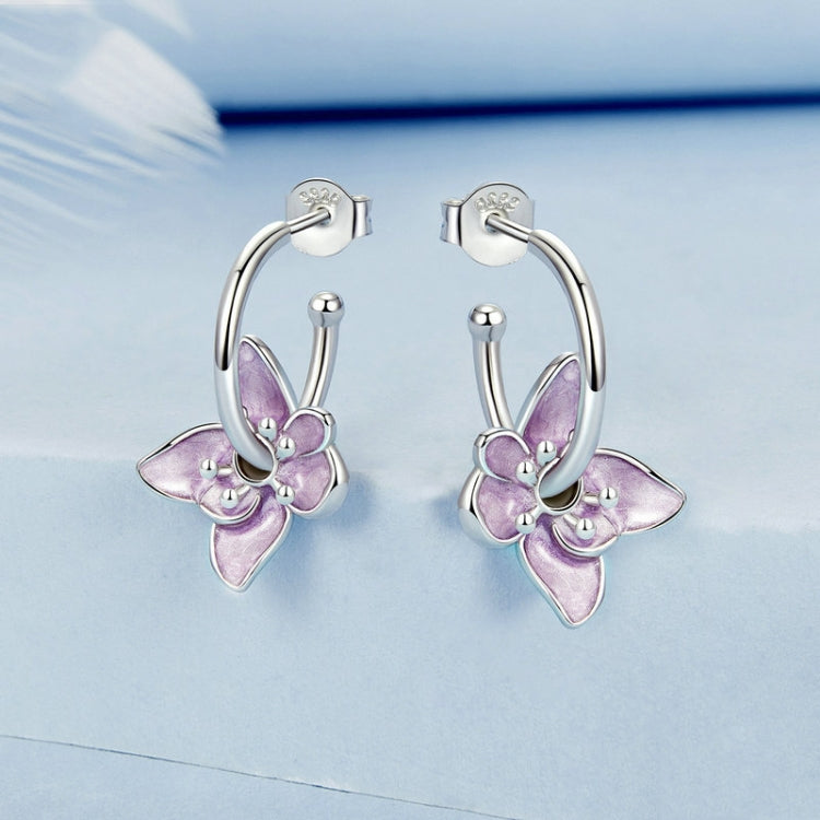 S925 Sterling Silver Platinum Plated Purple Flower Stud Earrings - BSE976