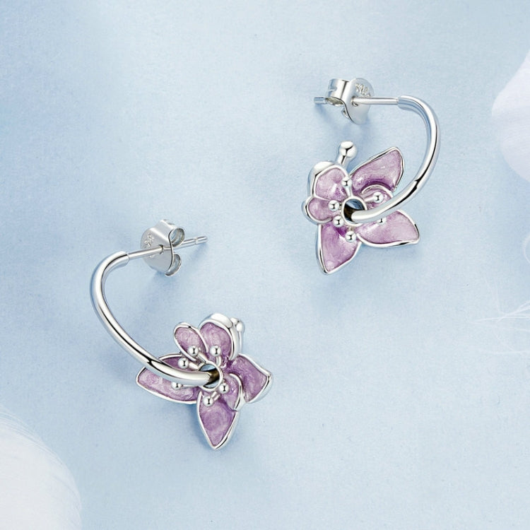 S925 Sterling Silver Platinum Plated Purple Flower Stud Earrings - BSE976