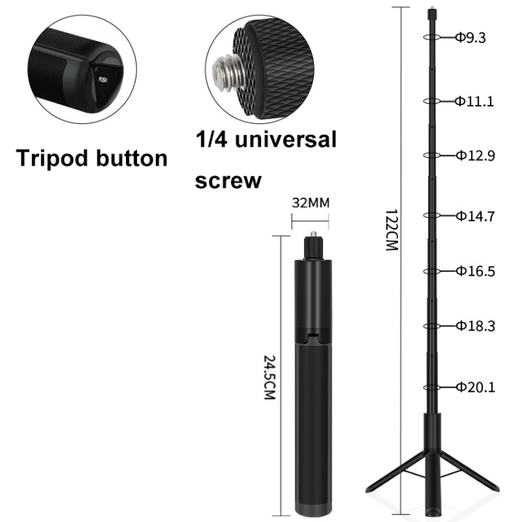 1.22m For Insta360 One X Retractable Integrated Camera Panoramic Invisible Selfie Stick Tripod - YZ712