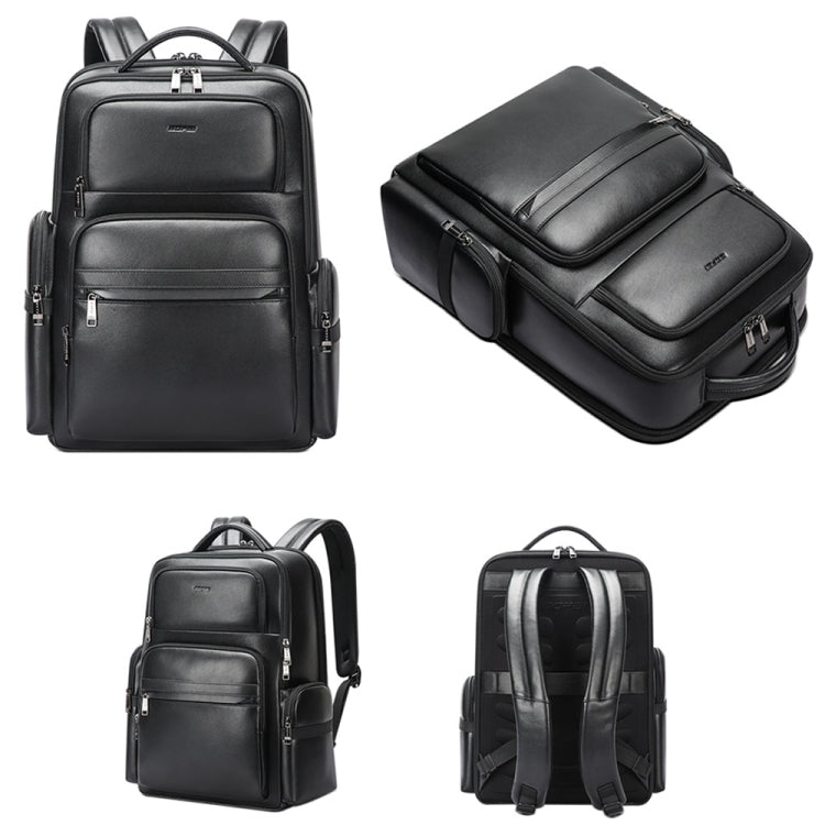 Bopai 61-98611 Large-capacity Waterproof First-layer Cowhide Laptop Backpack With USB+Type-C Port - Black