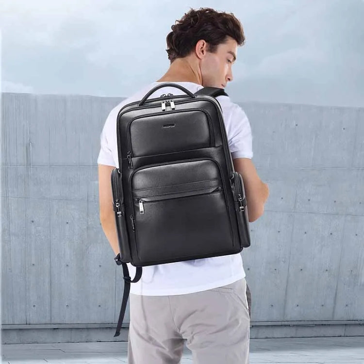 Bopai 61-98611 Large-capacity Waterproof First-layer Cowhide Laptop Backpack With USB+Type-C Port - Black