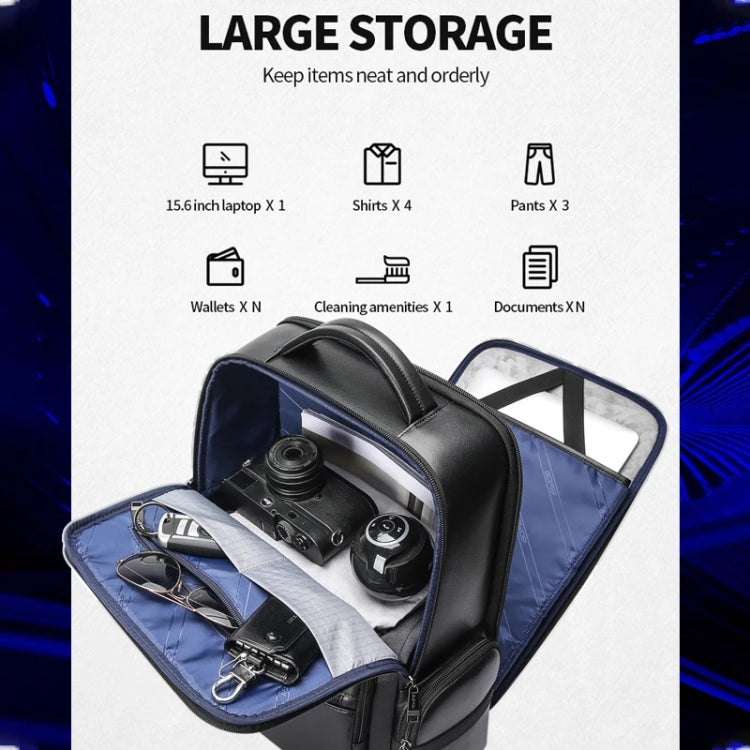 Bopai 61-98611 Large-capacity Waterproof First-layer Cowhide Laptop Backpack With USB+Type-C Port - Black