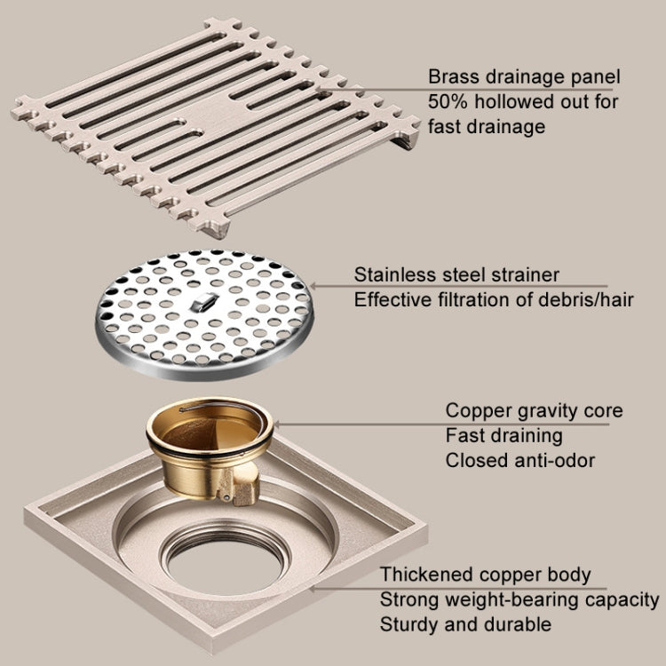 All Copper Brushed Anti-Odor Floor Drain Gravity Copper Core Bathroom Floor Drain, Specification: 8x20cm Long Invisible Medium Drain