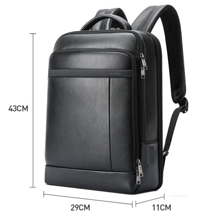 Bopai 61-120761 Large-capacity First-layer Cowhide Business Laptop Backpack With USB+Type-C Port - Black