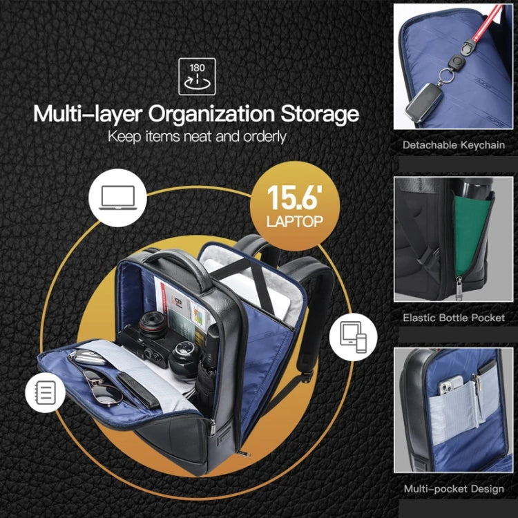 Bopai 61-120761 Large-capacity First-layer Cowhide Business Laptop Backpack With USB+Type-C Port - Black
