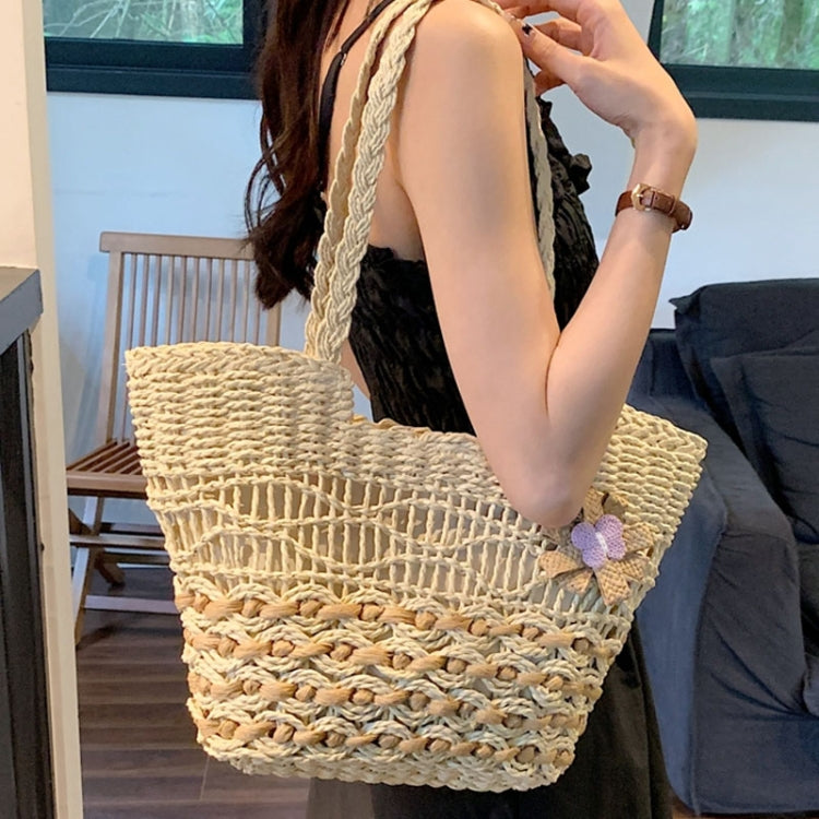 Knitting Straw Shoulder Bag Hollow Wave Large Capacity Tote Bag With Lining