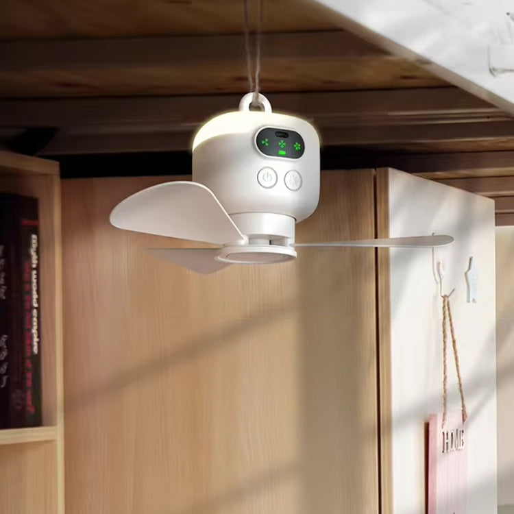 Mini Ceiling Fan Portable Camping Fan With Light &  Remote Built In 8000mAh Battery - White