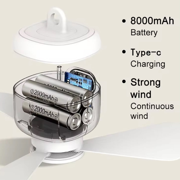 Mini Ceiling Fan Portable Camping Fan With Light &  Remote Built In 8000mAh Battery - White