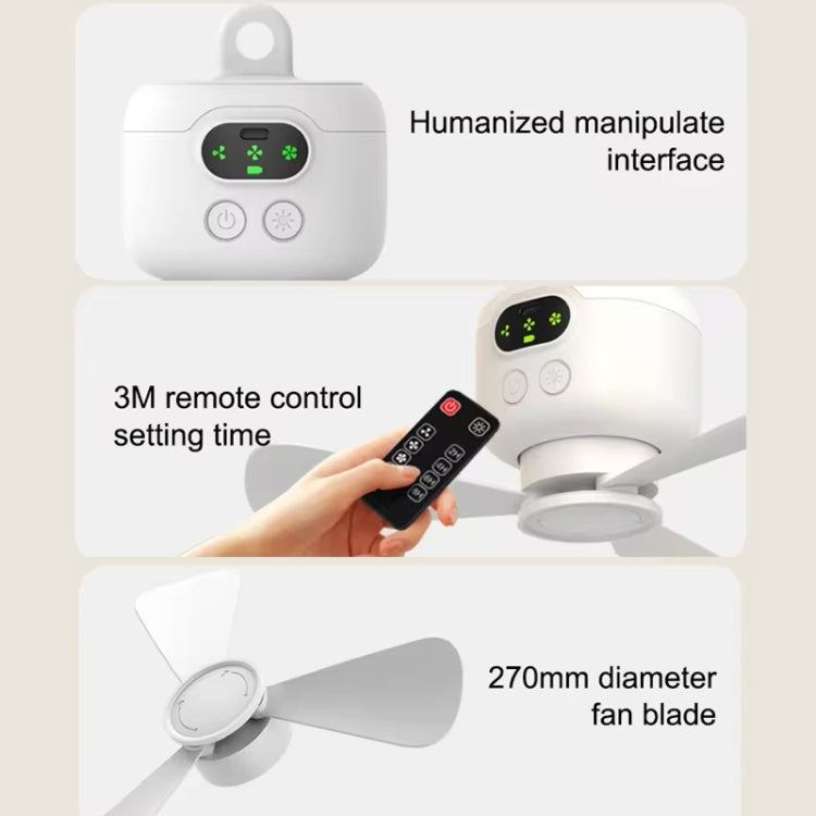 Mini Ceiling Fan Portable Camping Fan With Light &  Remote Built In 8000mAh Battery - White
