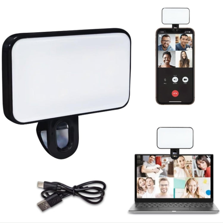 Selfie Fill Light Rechargeable 3 Color Temperature Clip On For Phone, Laptop, Tablet Meeting - Black