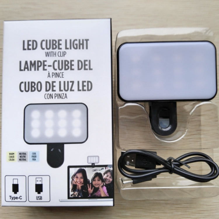 Selfie Fill Light Rechargeable 3 Color Temperature Clip On For Phone, Laptop, Tablet Meeting - Black